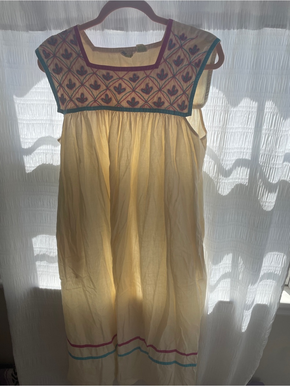 Vintage Belle Fleur Cotton Cream Embroidered Sundress with Pink & Teal Accents